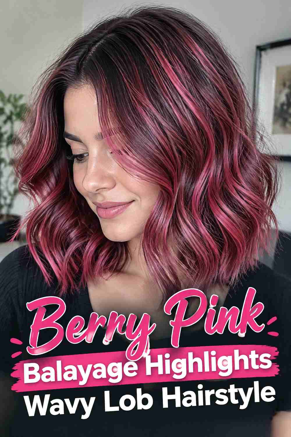 4. Berry Pink Balayage Highlights Wavy Lob Hairstyle