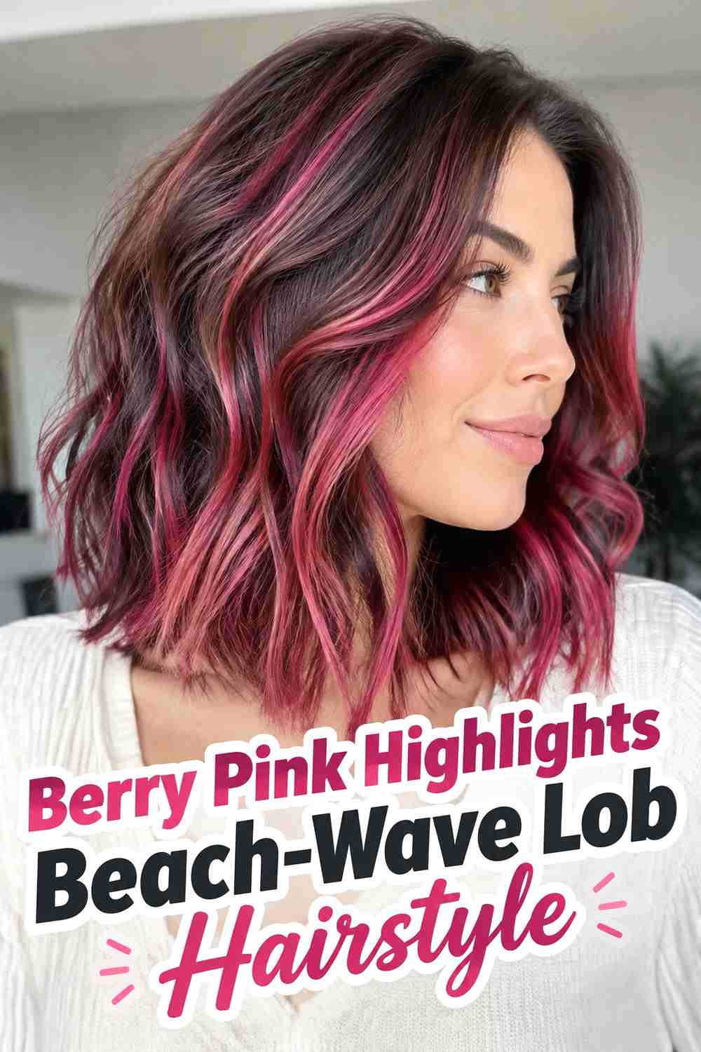 17. Berry Pink Highlights Beach Wave Lob Hairstyle