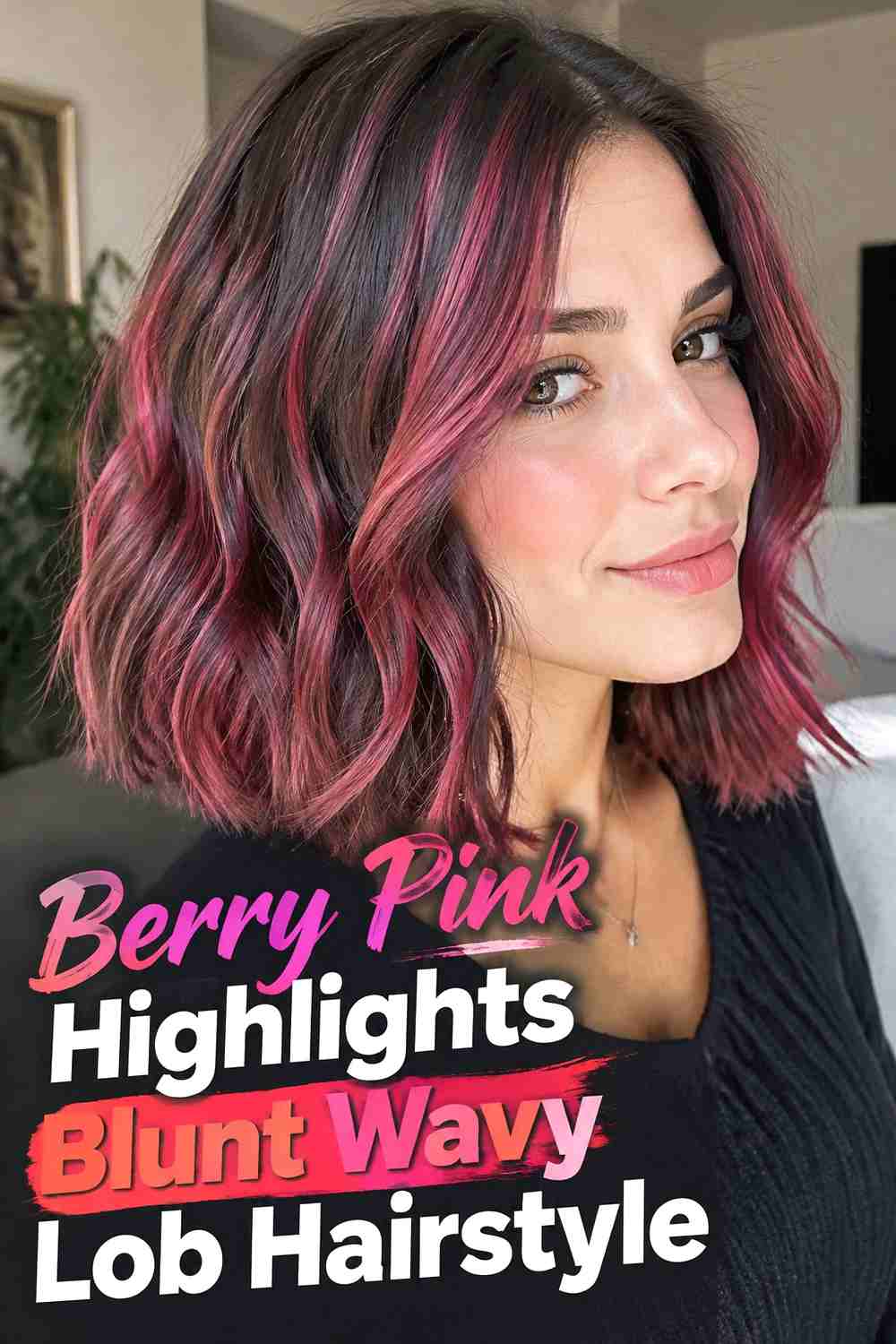 15. Berry Pink Highlights Blunt Wavy Lob Hairstyle