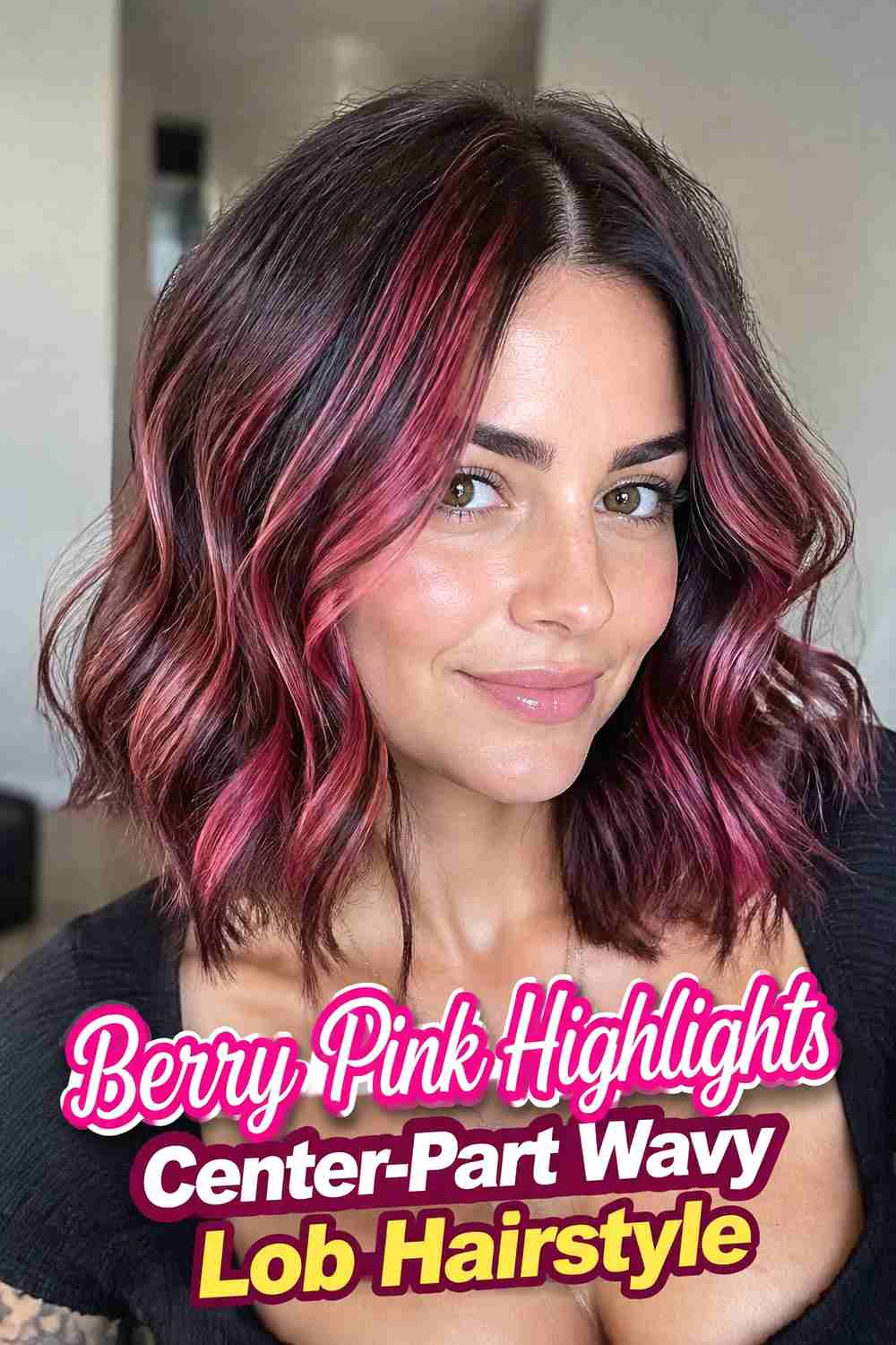 14. Berry Pink Highlights Center Part Wavy Lob Hairstyle