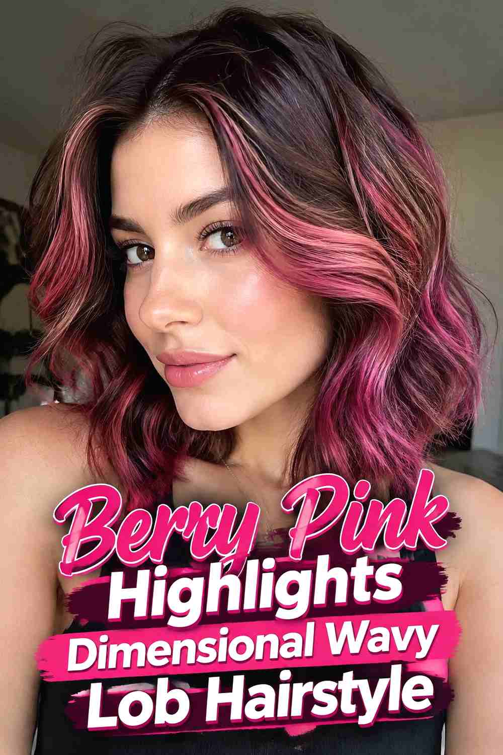 19. Berry Pink Highlights Dimensional Wavy Lob Hairstyle