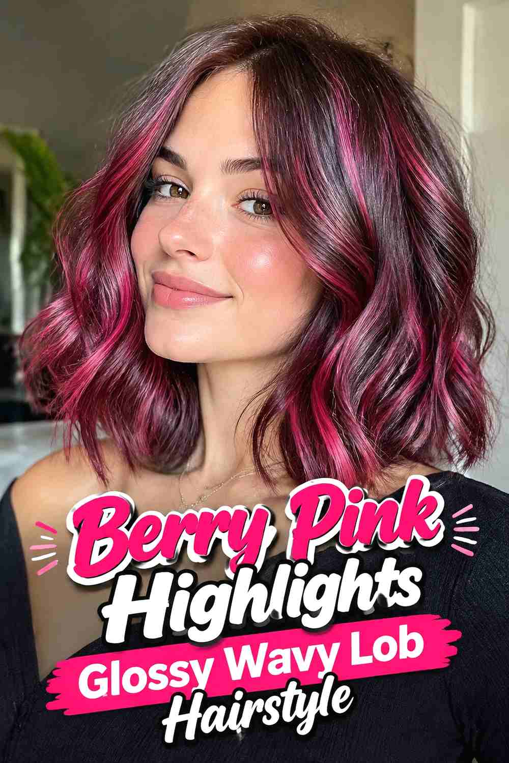 18. Berry Pink Highlights Glossy Wavy Lob Hairstyle