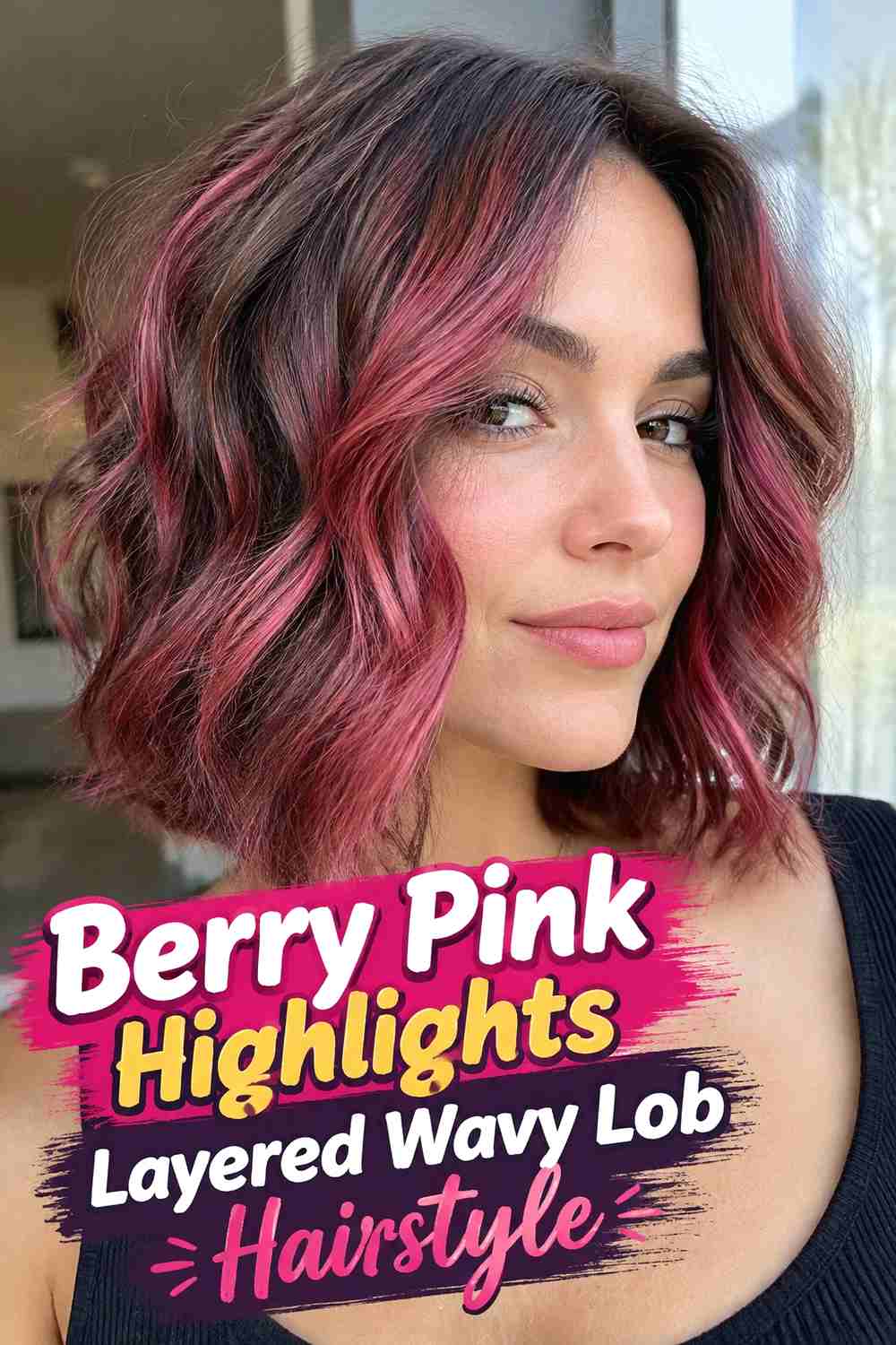 16. Berry Pink Highlights Layered Wavy Lob Hairstyle
