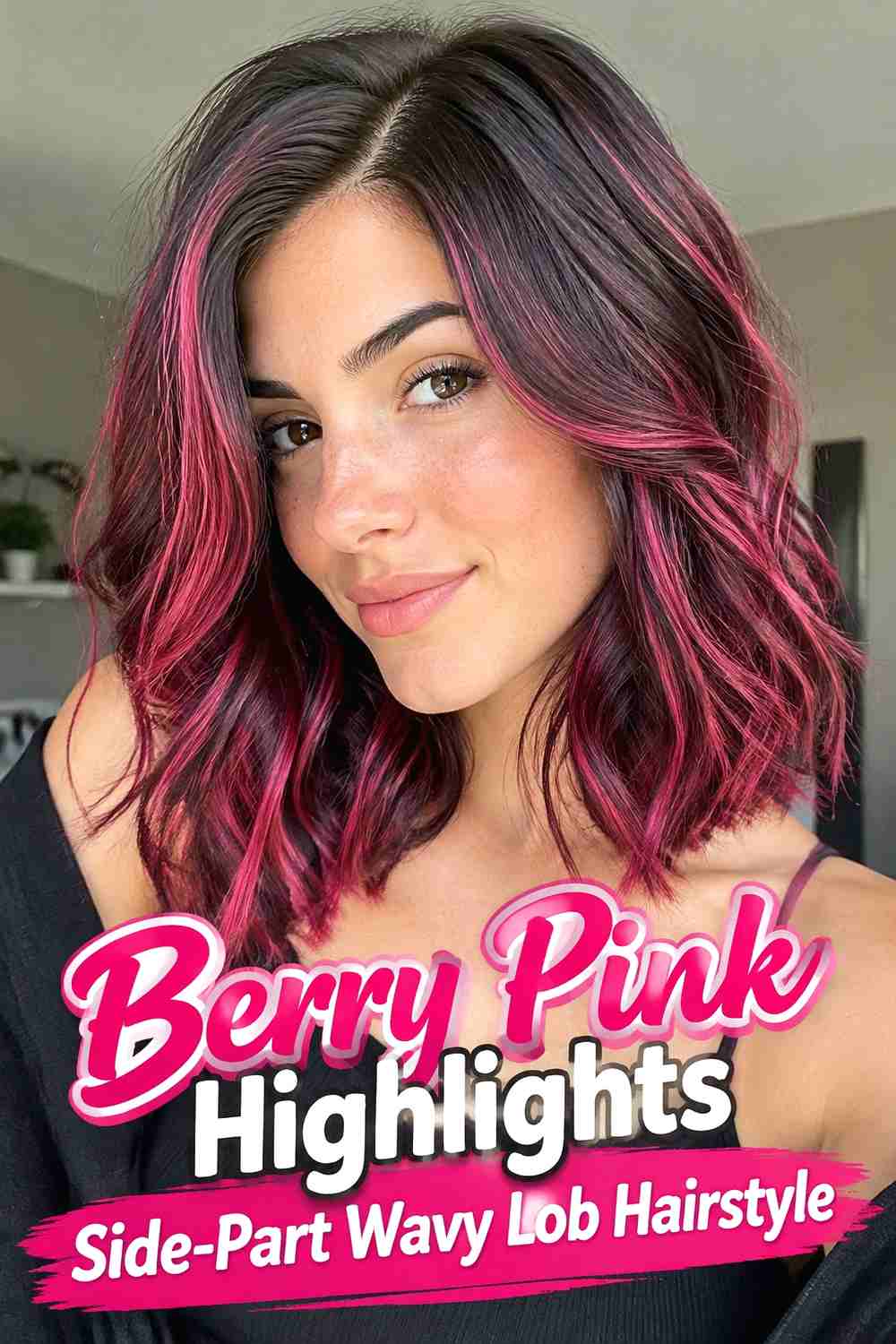 13. Berry Pink Highlights Side Part Wavy Lob Hairstyle