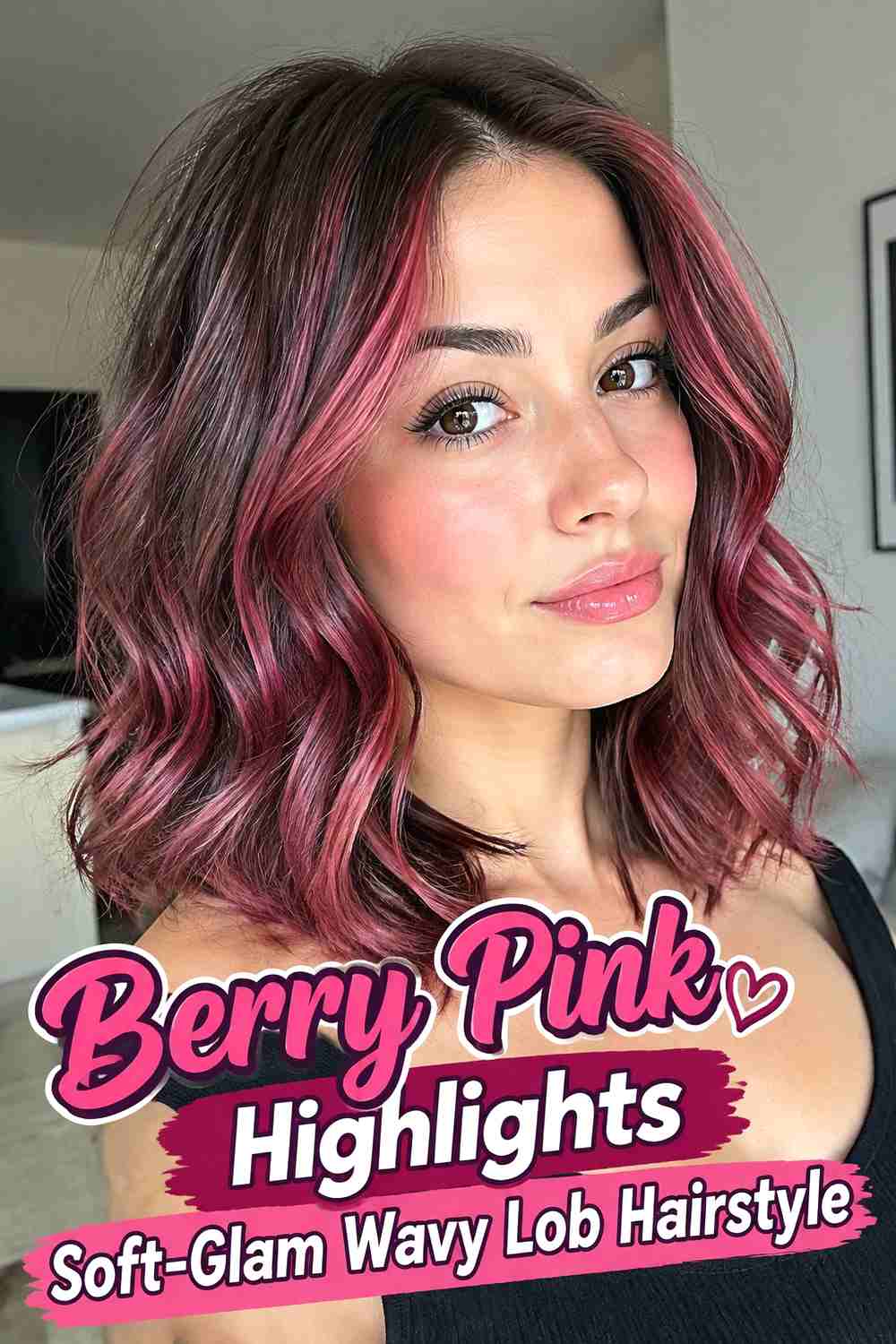 20. Berry Pink Highlights Soft Glam Wavy Lob Hairstyle