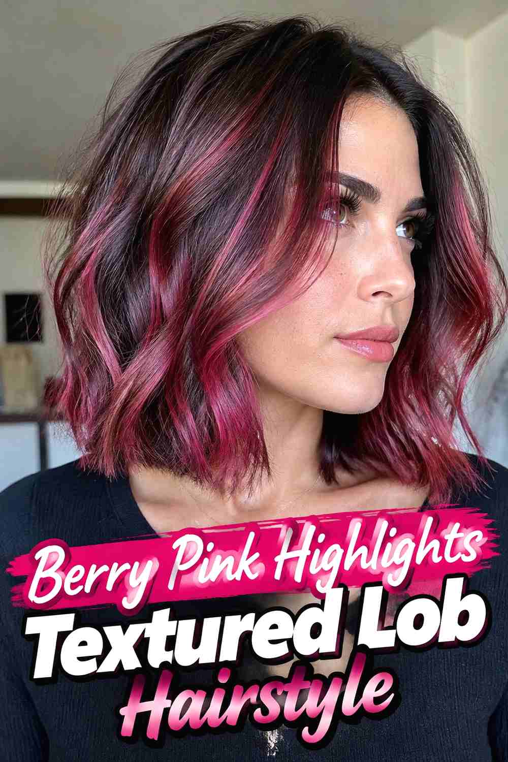 12. Berry Pink Highlights Textured Lob Hairstyle