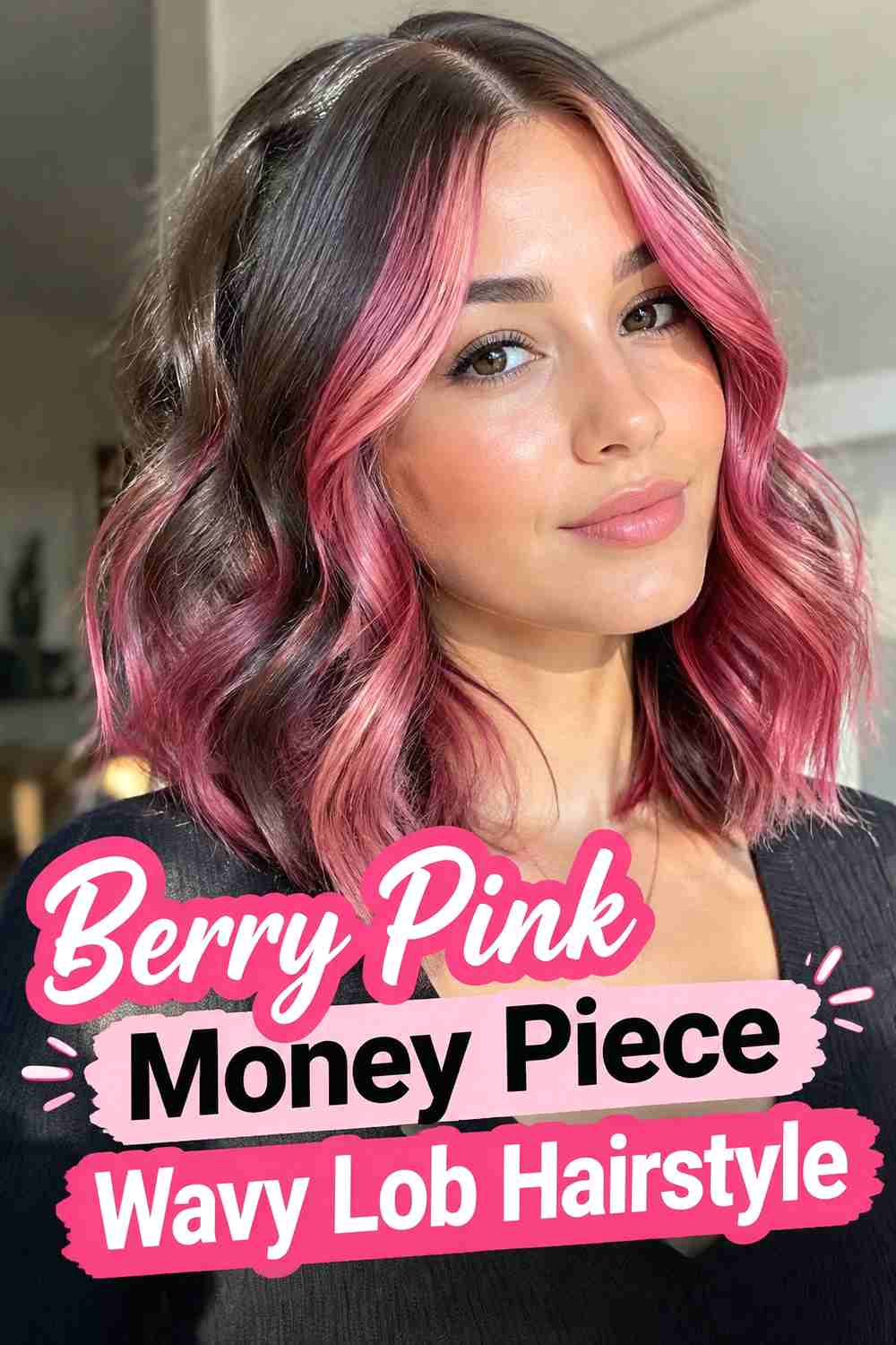 3. Berry Pink Money Piece Wavy Lob Hairstyle