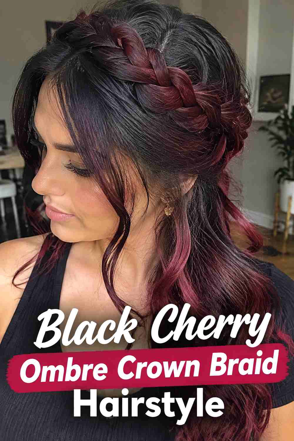 9. Black Cherry Ombre Crown Braid Hairstyle