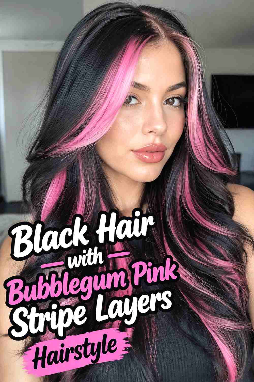 2. Black Hair With Bubblegum Pink Stripe Layers Hairstyle