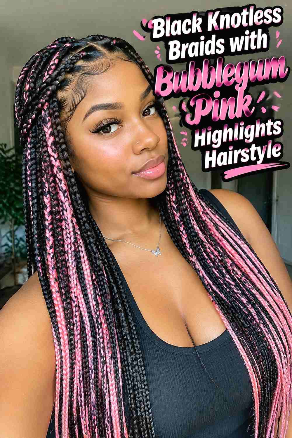 3. Black Knotless Braids With Bubblegum Pink Highlights Hairstyle