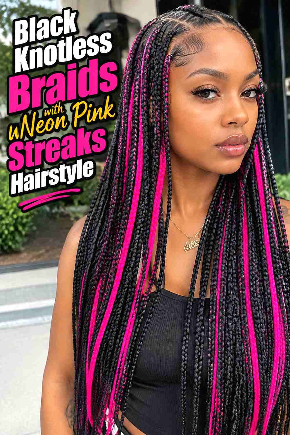 6. Black Knotless Braids With Neon Pink Streaks Hairstyle