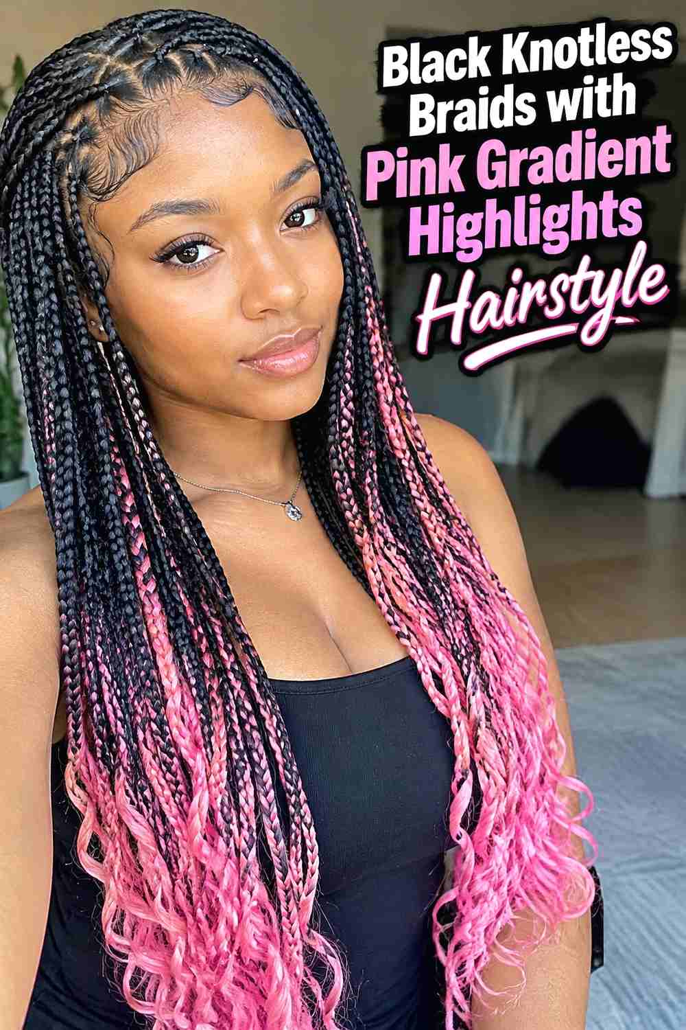 15. Black Knotless Braids With Pink Gradient Highlights Hairstyle