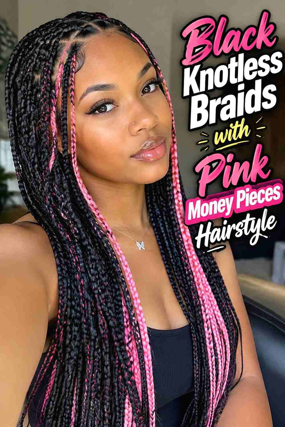 9. Black Knotless Braids With Pink Money Pieces Hairstyle