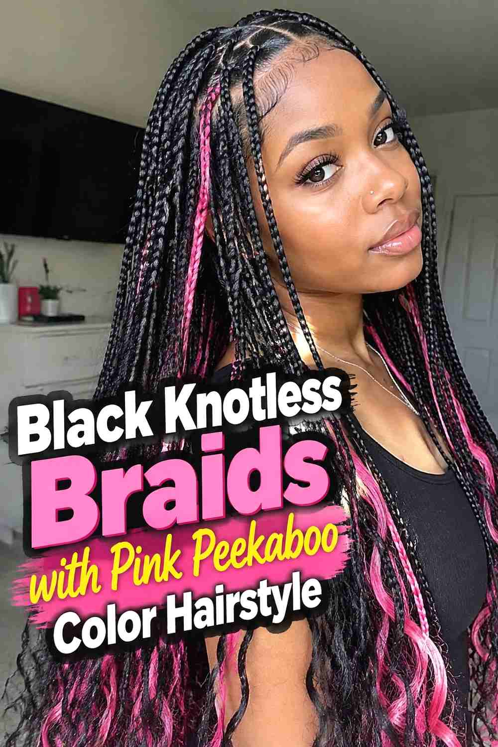 8. Black Knotless Braids With Pink Peekaboo Color Hairstyle