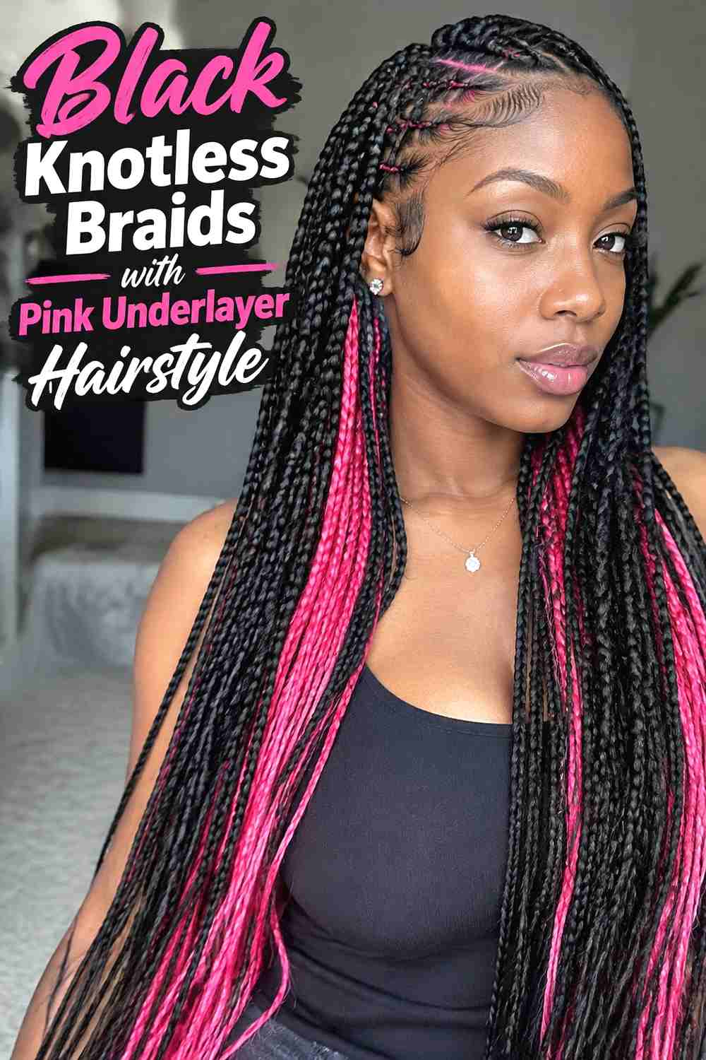 13. Black Knotless Braids With Pink Underlayer Hairstyle