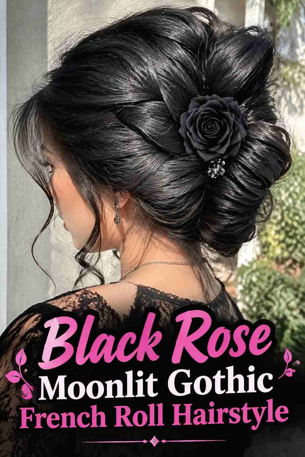16. Black Rose Moonlit Gothic French Roll Hairstyle