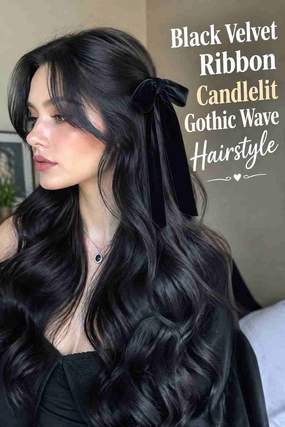 4. Black Velvet Ribbon Candlelit Gothic Wave Hairstyle