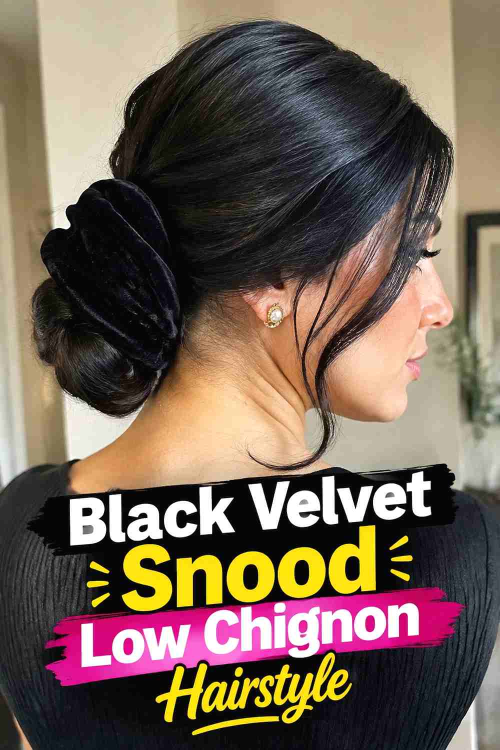 1. Black Velvet Snood Low Chignon Hairstyle