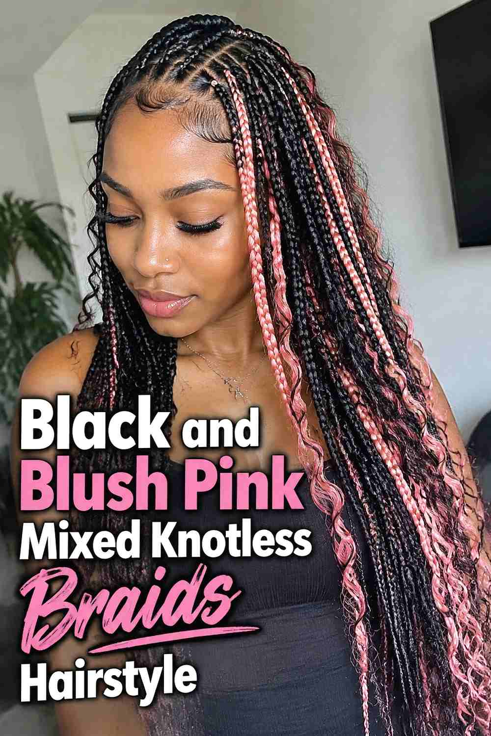 5. Black And Blush Pink Mixed Knotless Braids Hairstyle