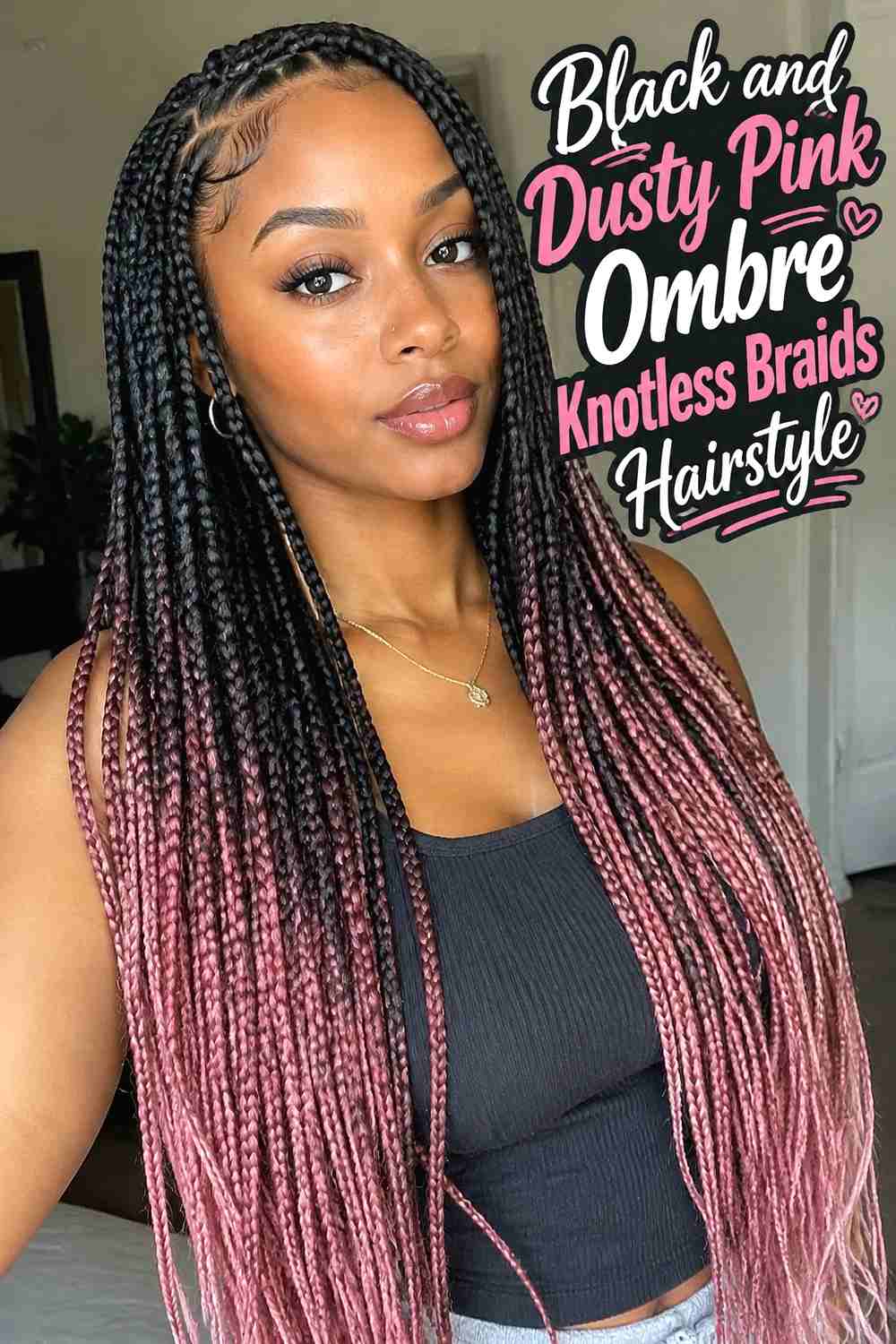 2. Black And Dusty Pink Ombre Knotless Braids Hairstyle