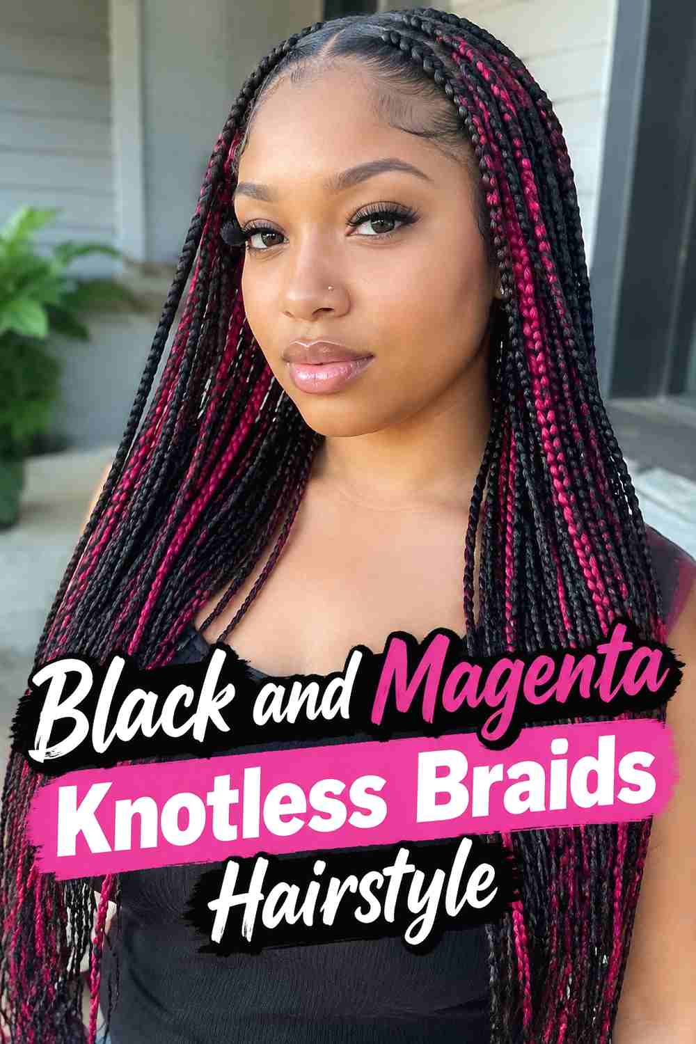 10. Black And Magenta Knotless Braids Hairstyle