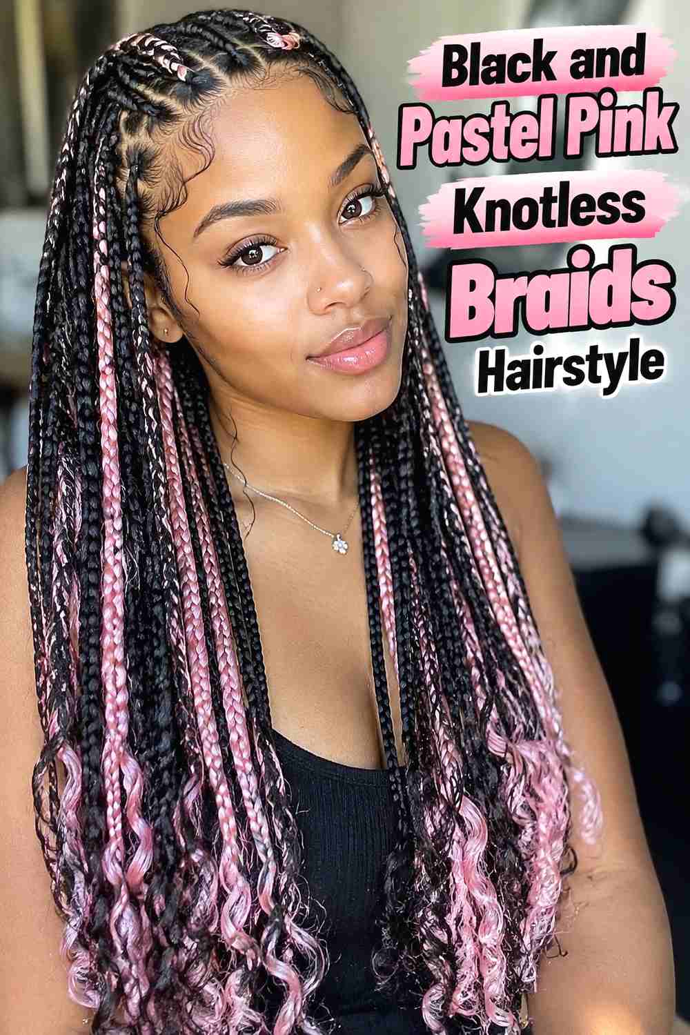 12. Black And Pastel Pink Knotless Braids Hairstyle