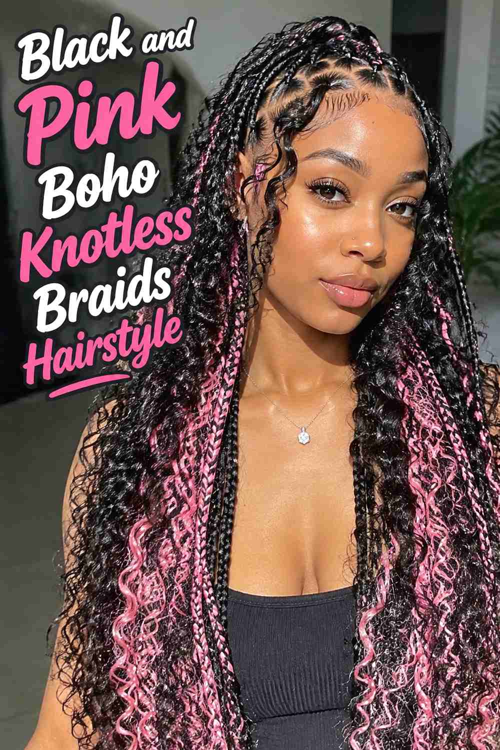 14. Black And Pink Boho Knotless Braids Hairstyle