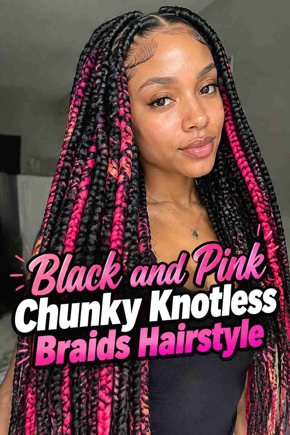 16. Black And Pink Chunky Knotless Braids Hairstyle