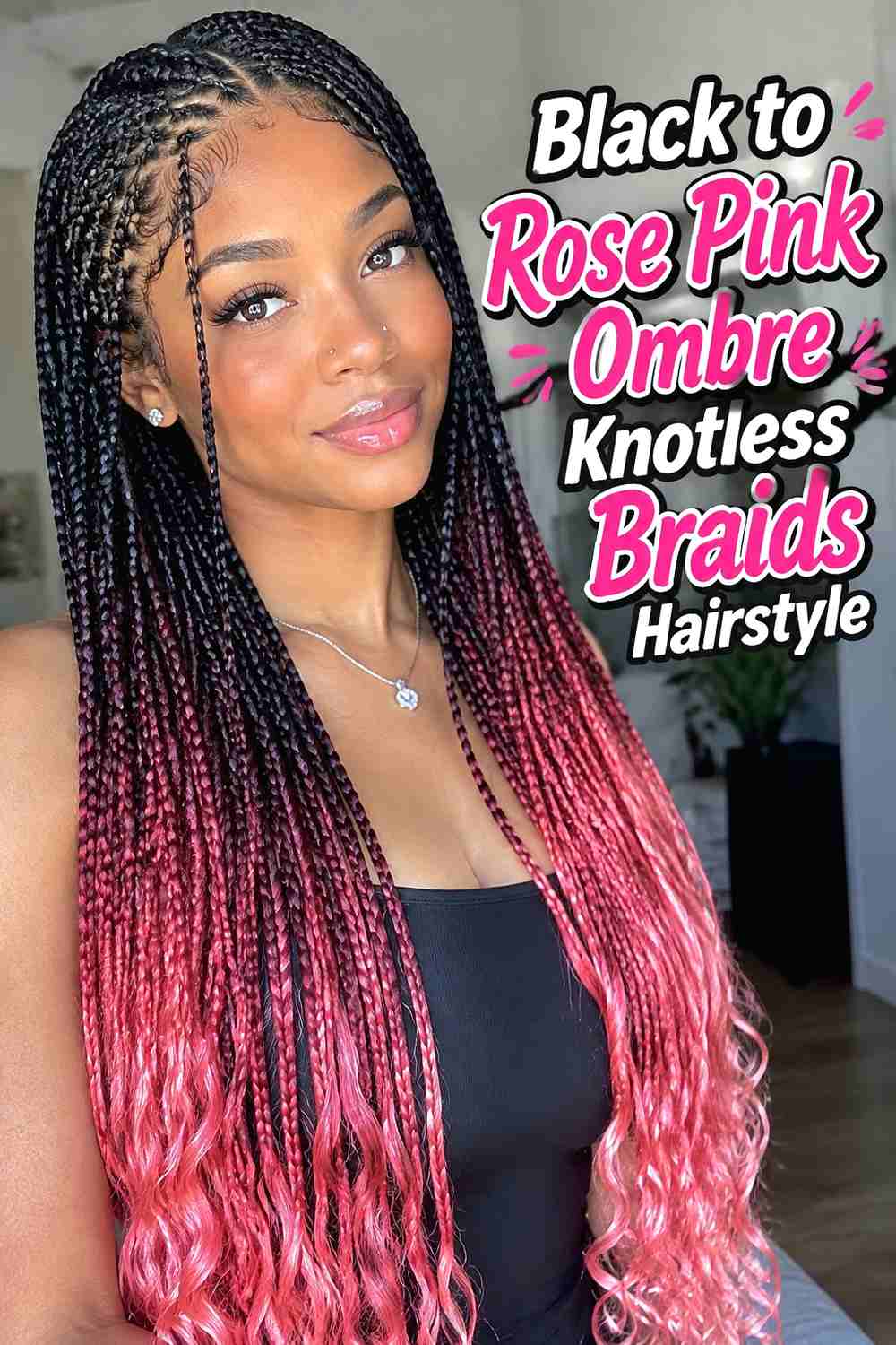 7. Black To Rose Pink Ombre Knotless Braids Hairstyle