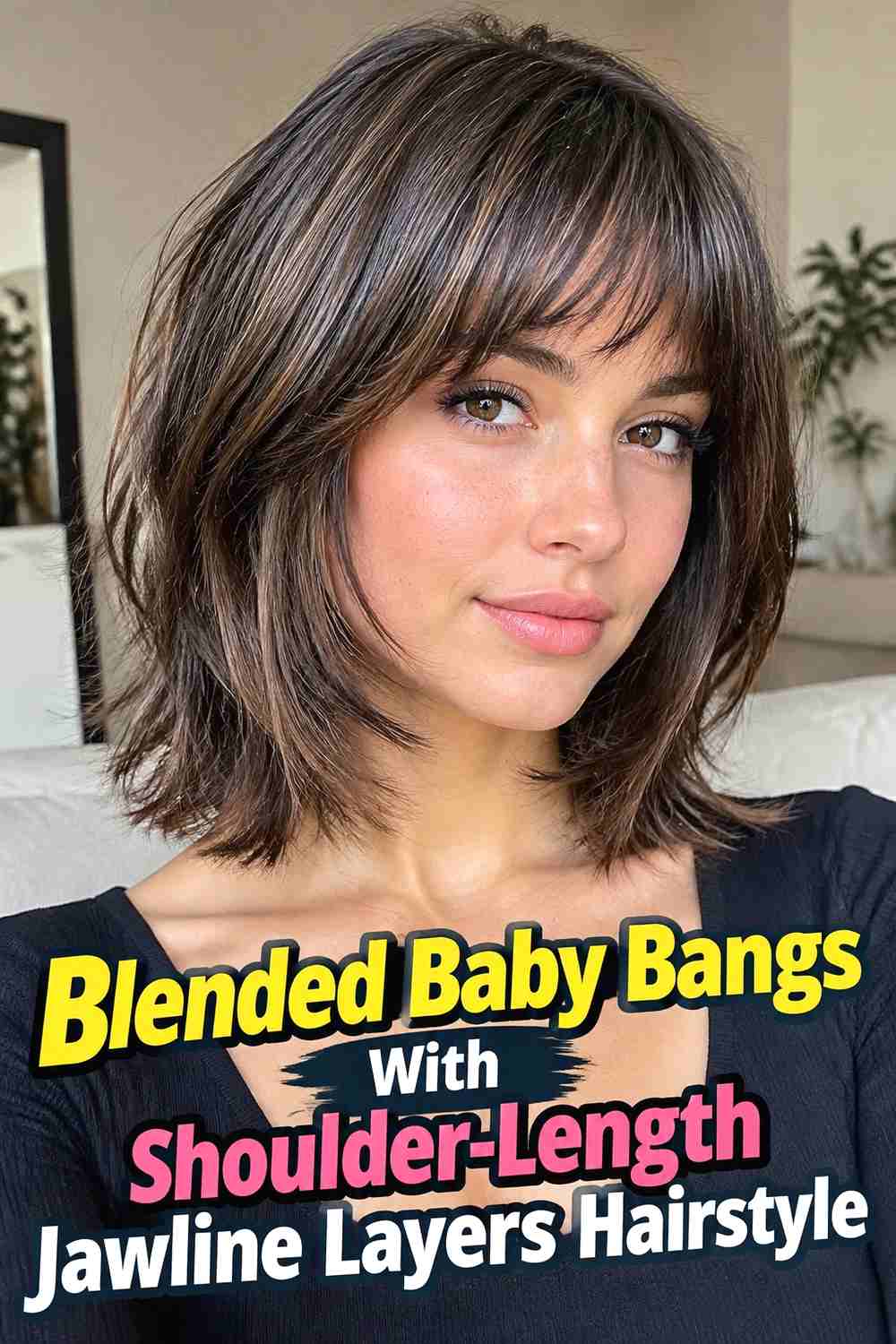 9. Blended Baby Bangs With Shoulder Length Jawline Layers Hairstyle