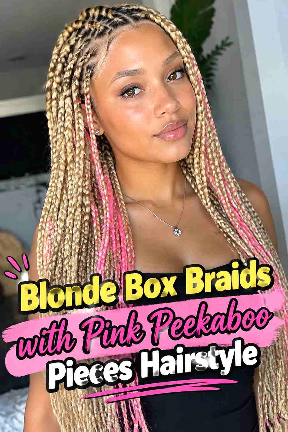 4. Blonde Box Braids With Pink Peekaboo Pieces Hairstyle