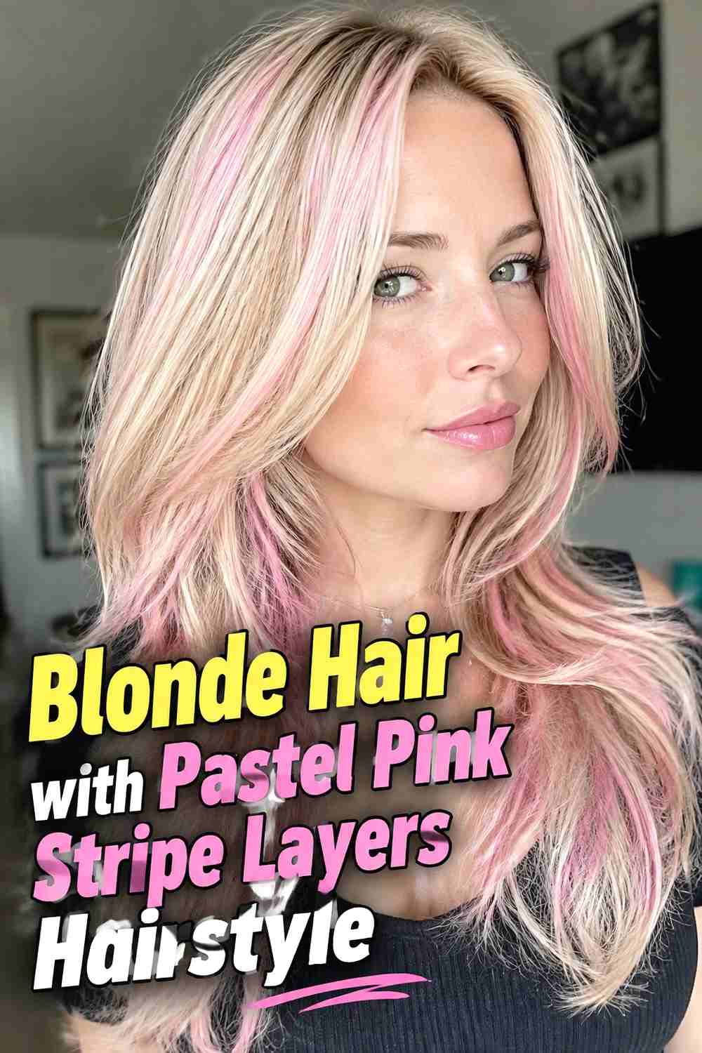 4. Blonde Hair With Pastel Pink Stripe Layers Hairstyle