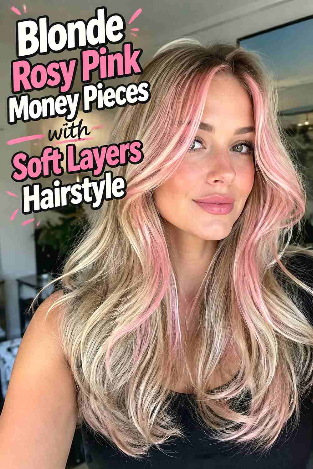 3. Blonde Rosy Pink Money Pieces With Soft Layers Hairstyle