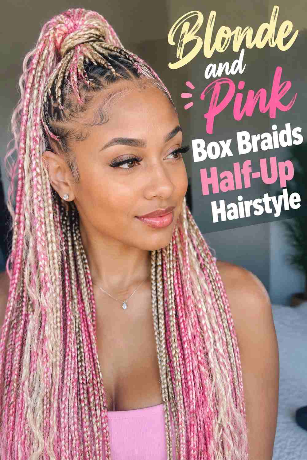 15. Blonde And Pink Box Braids Half Up Hairstyle