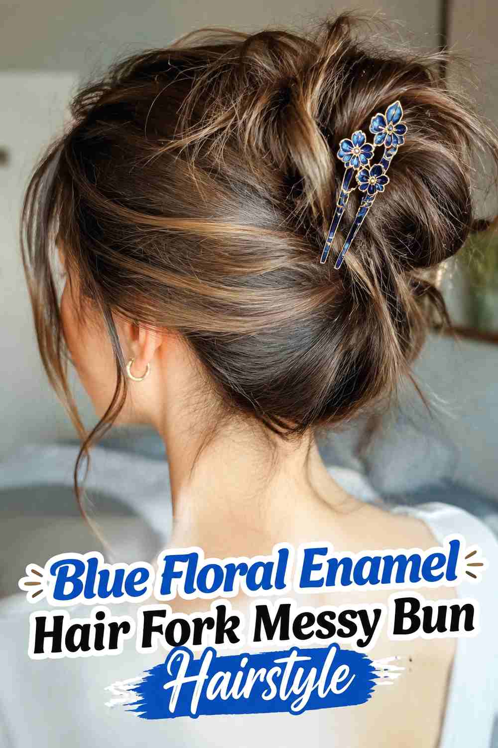 10. Blue Floral Enamel Hair Fork Messy Bun Hairstyle
