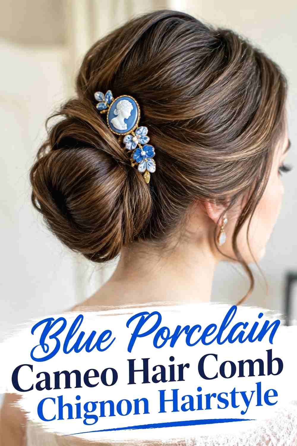 5. Blue Porcelain Cameo Hair Comb Chignon Hairstyle