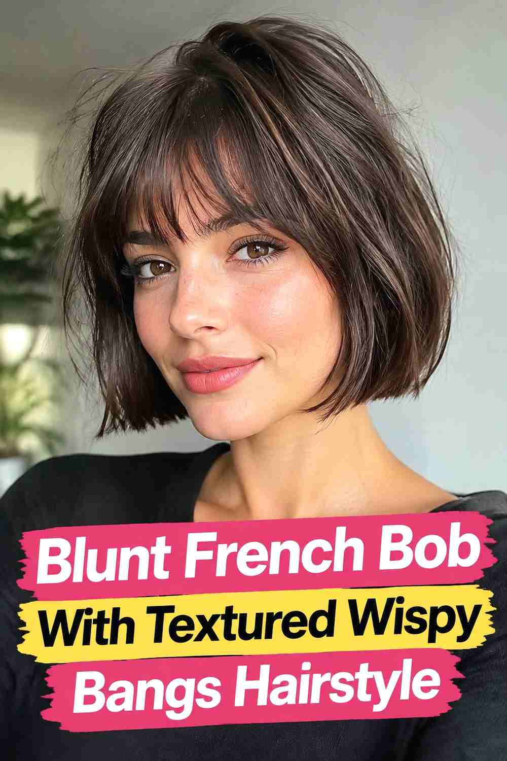 7. Blunt French Bob With Textured Wispy Bangs Hairstyle
