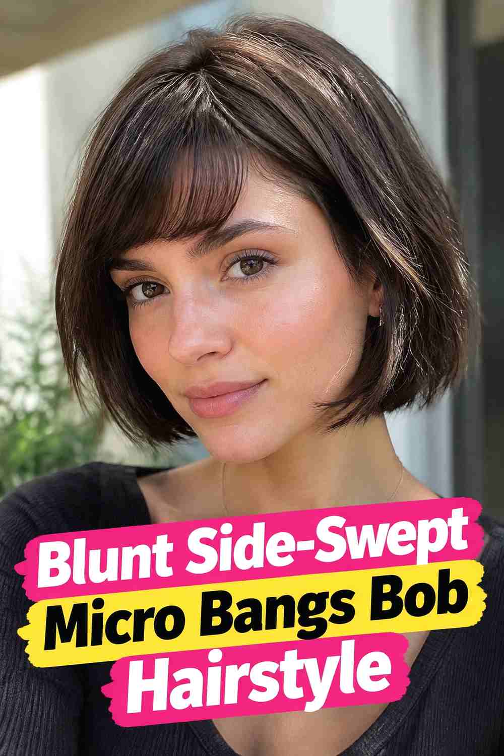 2. Blunt Side Swept Micro Bangs Bob Hairstyle