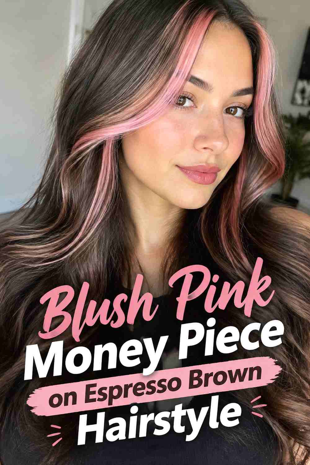 3. Blush Pink Money Piece On Espresso Brown Hairstyle