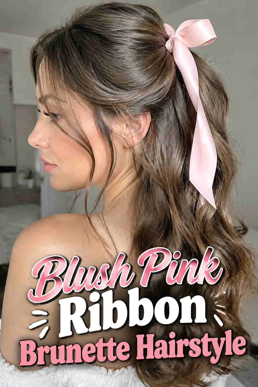 14. Blush Pink Ribbon Brunette Hairstyle