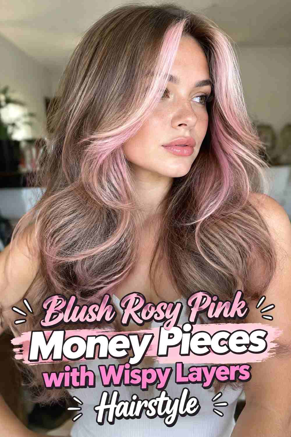 5. Blush Rosy Pink Money Pieces With Wispy Layers Hairstyle