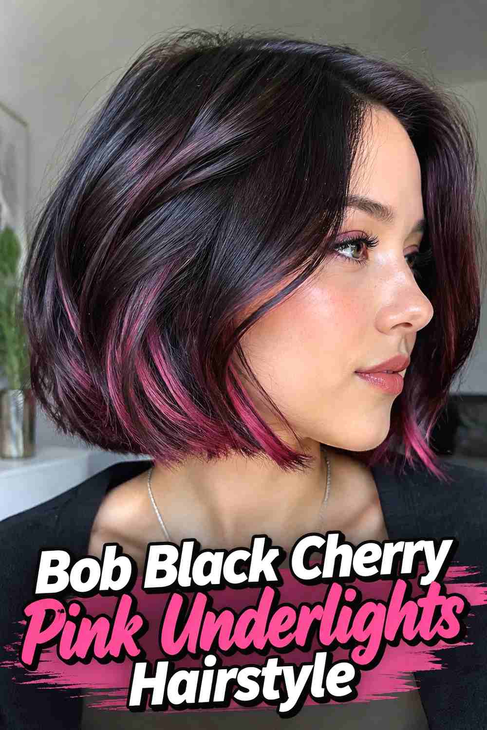 8. Bob Black Cherry Pink Underlights Hairstyle
