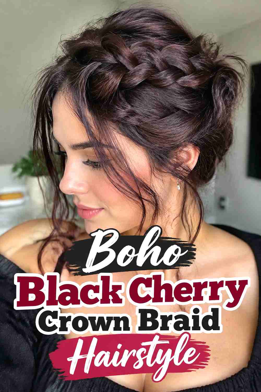 13. Boho Black Cherry Crown Braid Hairstyle