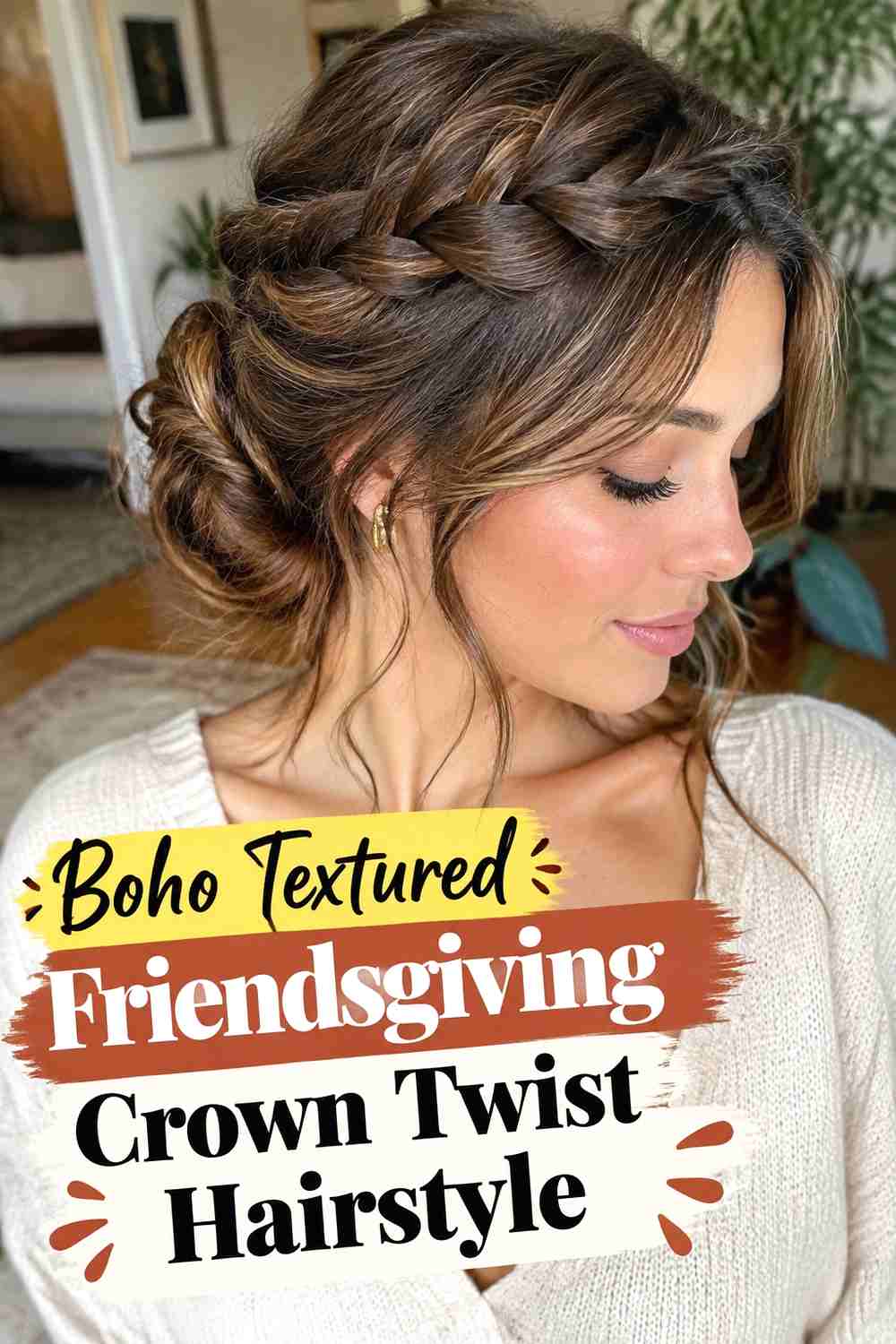 10. Boho Textured Friendsgiving Crown Twist Hairstyle