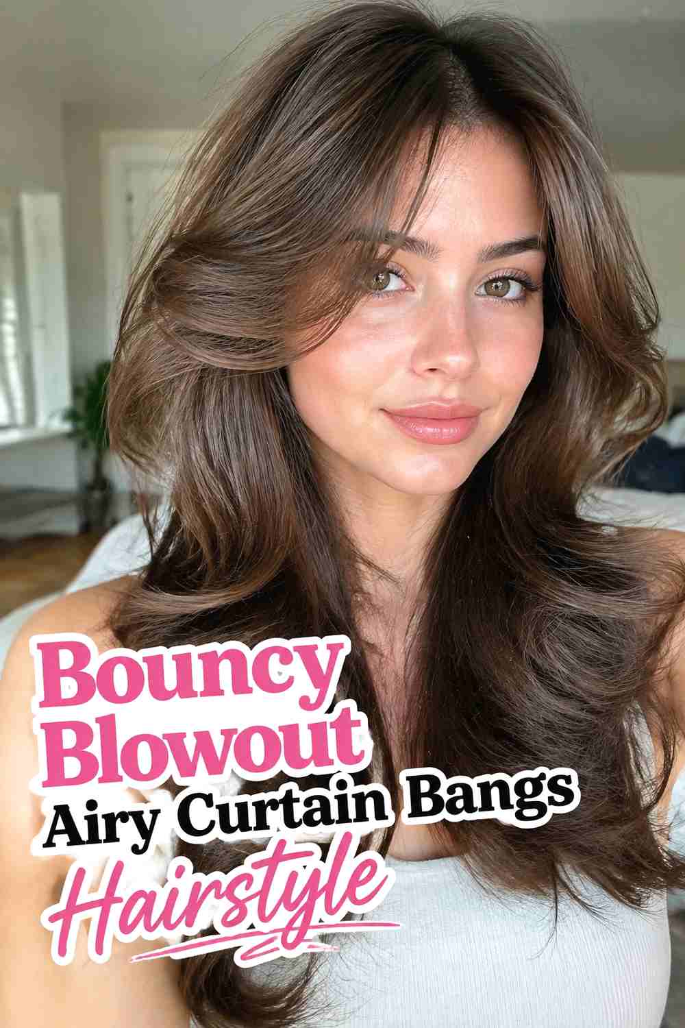 9. Bouncy Blowout Airy Curtain Bangs Hairstyle