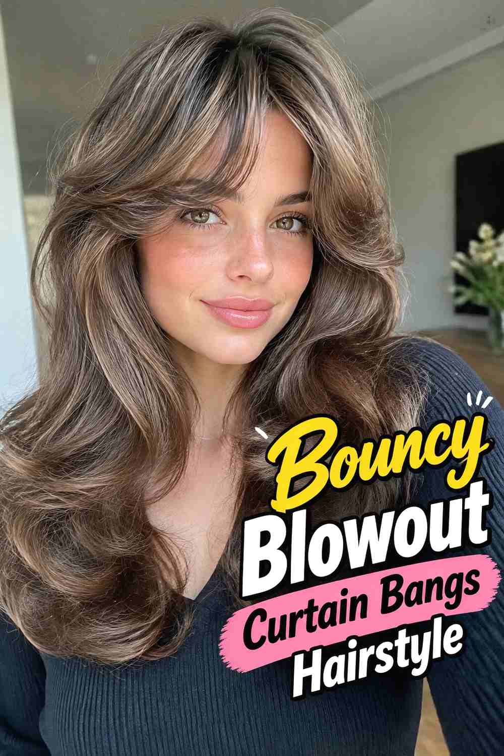 7. Bouncy Blowout Curtain Bangs Hairstyle