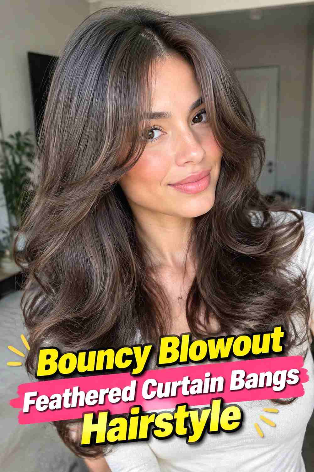 7. Bouncy Blowout Feathered Curtain Bangs Hairstyle