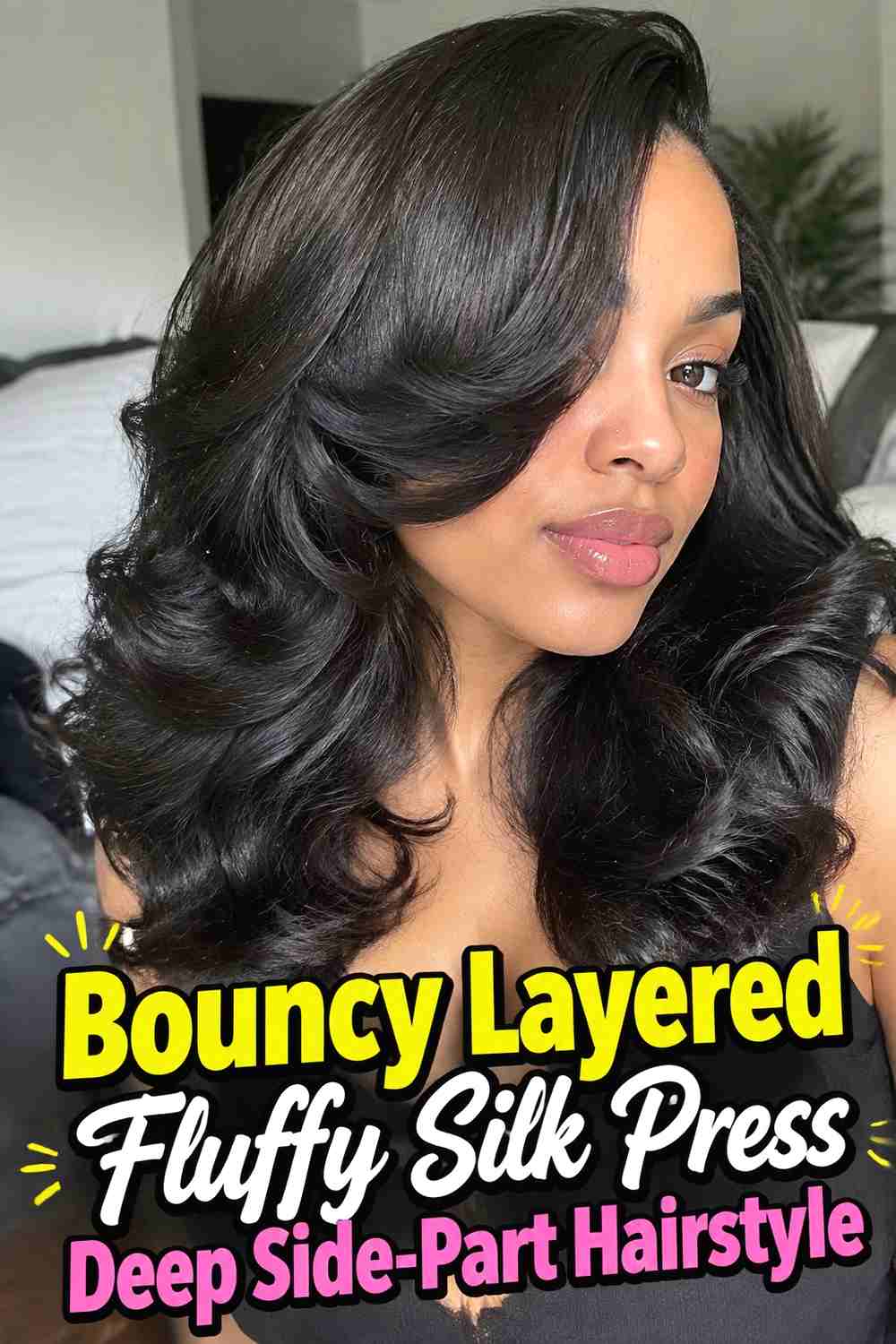 3. Bouncy Layered Fluffy Silk Press Deep Side Part Hairstyle