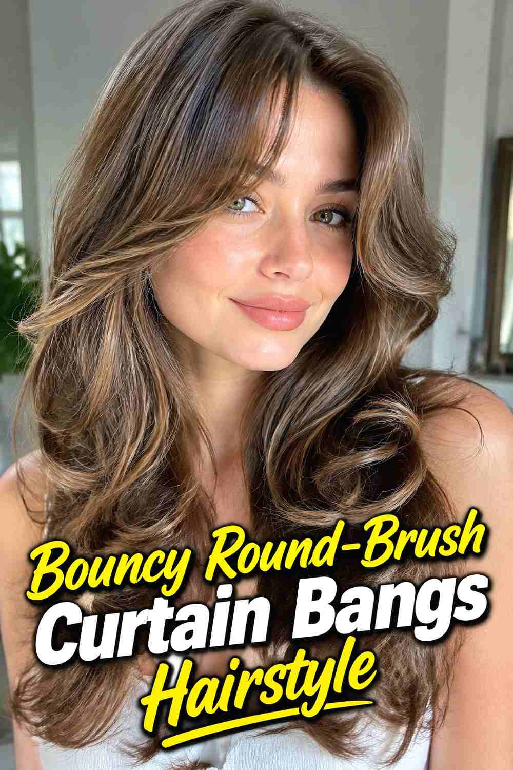 12. Bouncy Round Brush Curtain Bangs Hairstyle