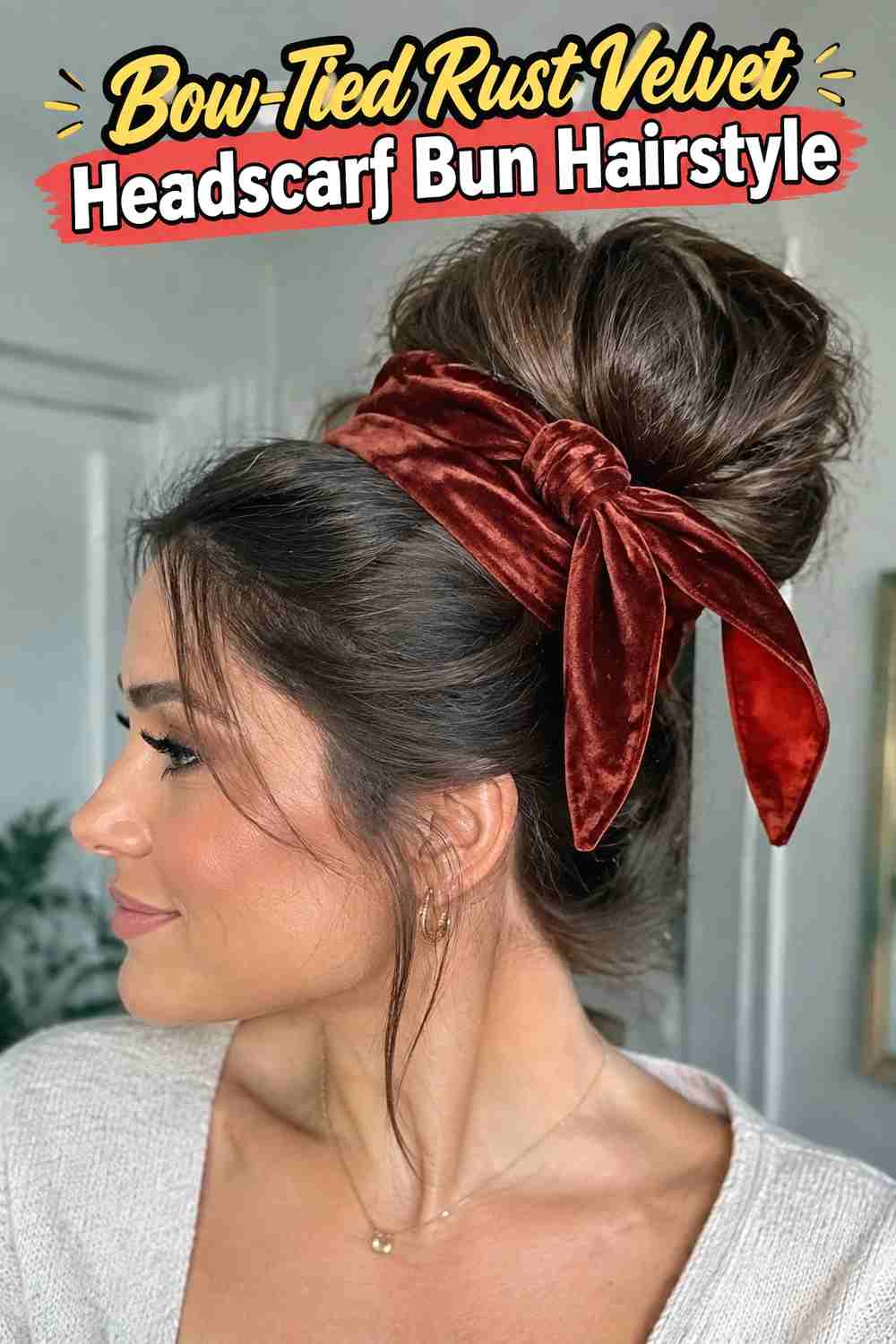 12. Bow Tied Rust Velvet Headscarf Bun Hairstyle